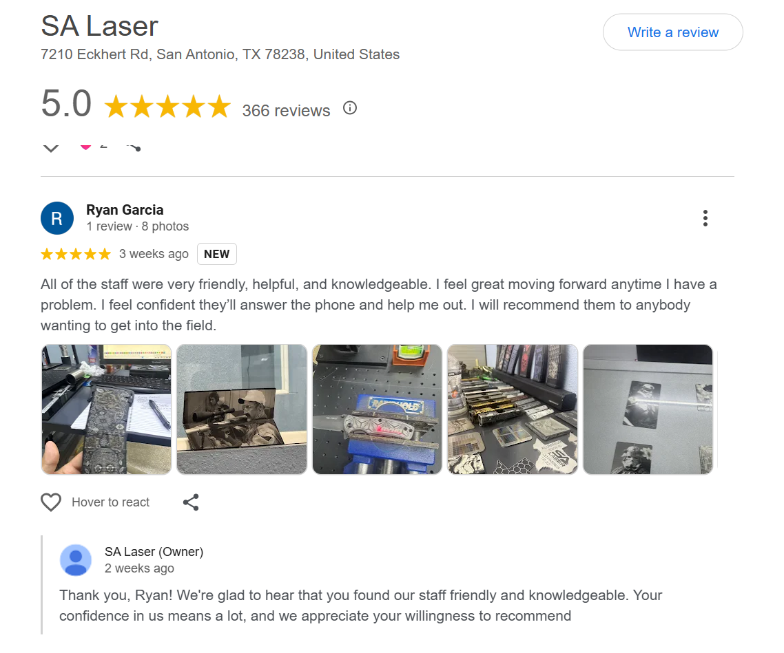 SA Laser customer review showing 5.0 rating